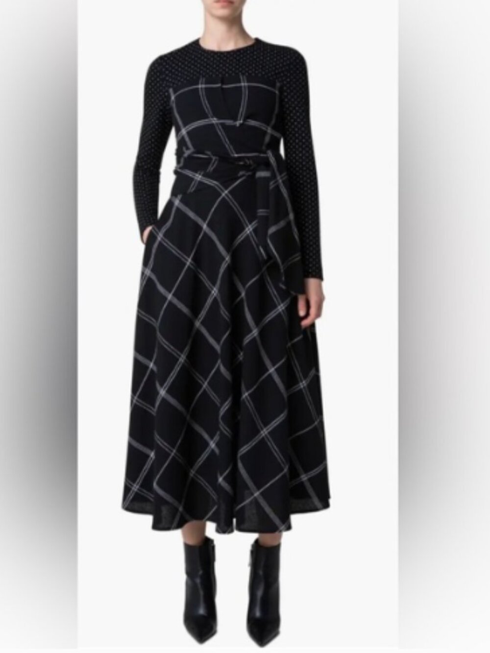 Akris Punto Mixed Media Long Sleeve Belted Wool Midi Dress, Black/Cream - Size 8